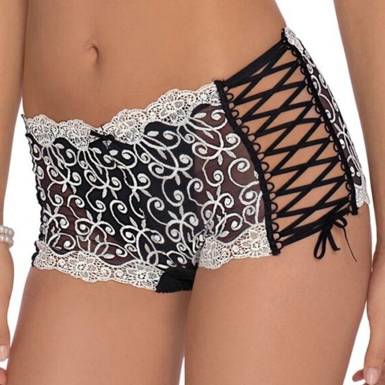 Black and cream lace short with floral embroidery and crisscross side detail from Roza, available in multiple sizes