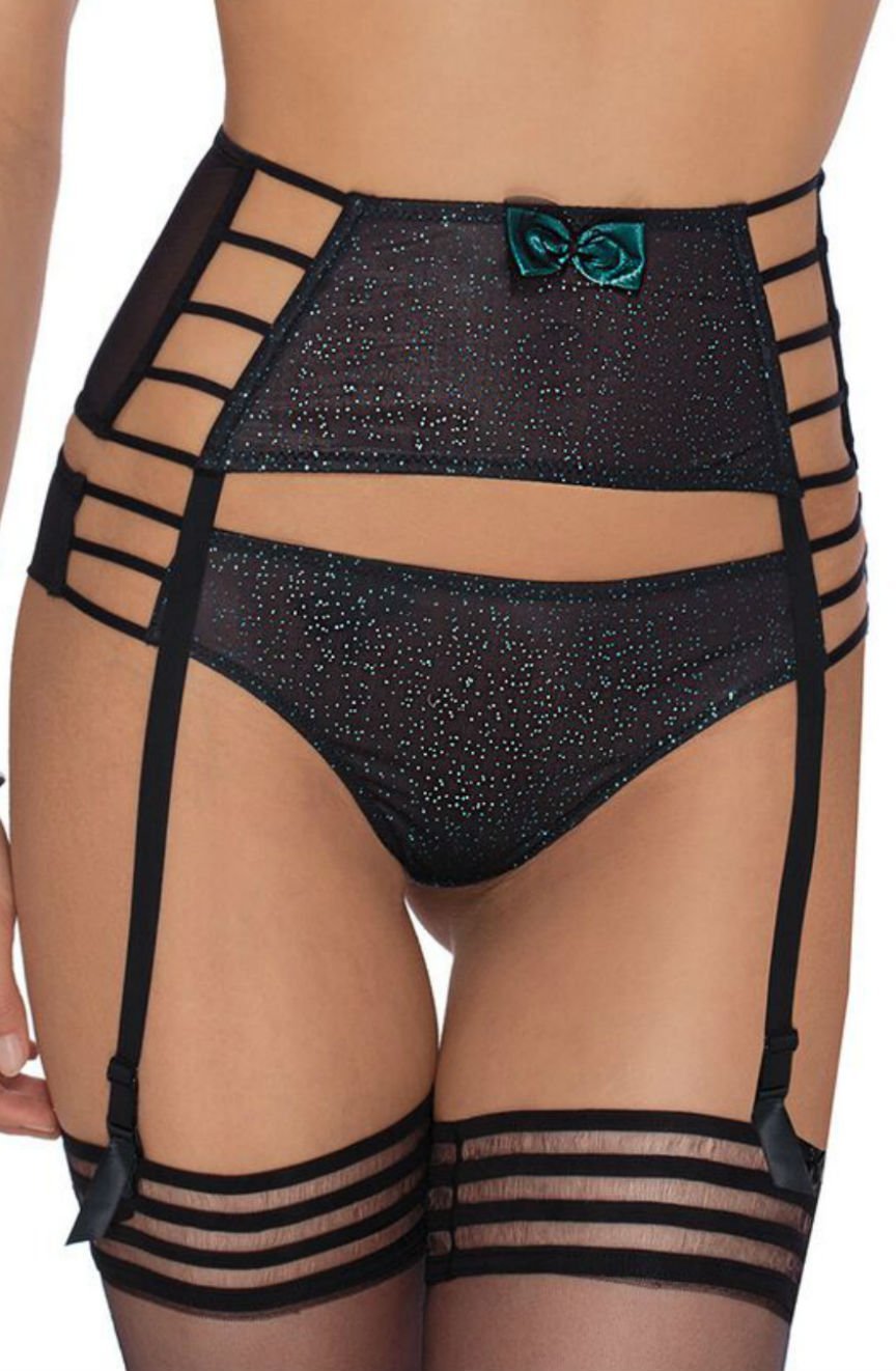 Roza black thong with glitter detail, strappy high waist, teal bow, and attached suspenders