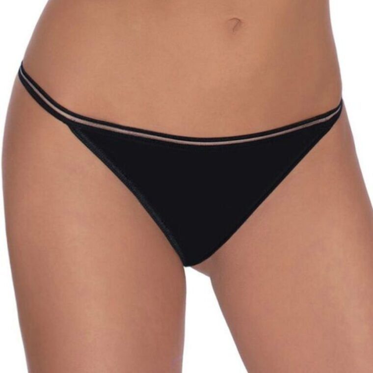 Roza black thong with double waistband detail, shown on model torso