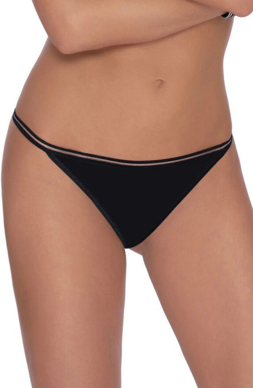 Roza black thong with double waistband detail, shown on model torso