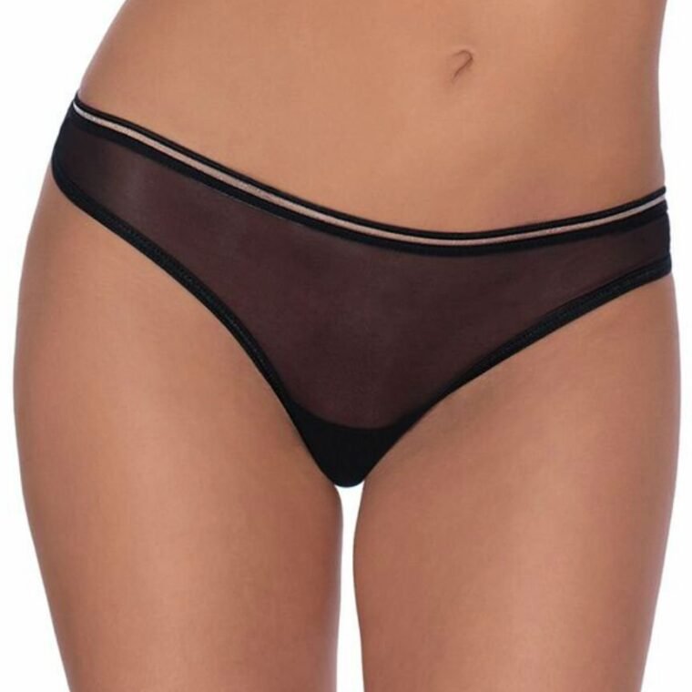 Roza Lica black thong with sheer front panel and double waistband, available in multiple sizes