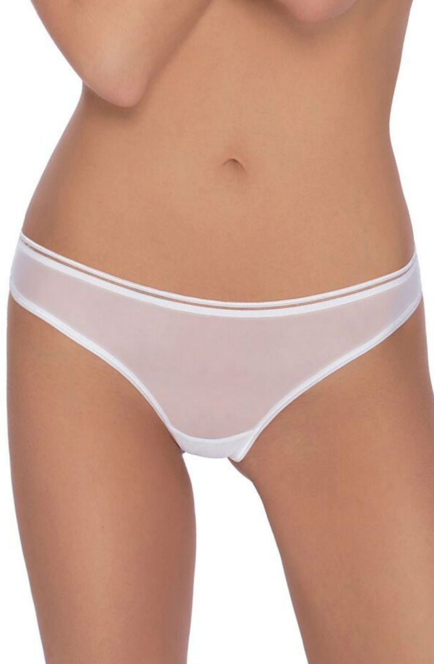 Roza Lica white thong with sheer front panel and thin waistband, available in sizes Small to XLarge