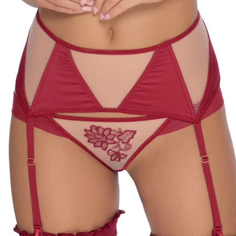Claret suspender belt with floral embroidery and mesh panels, adjustable straps, worn with matching lingerie
