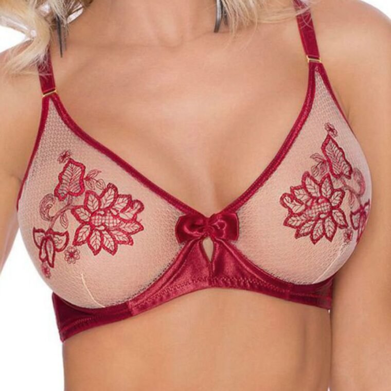 Claret soft cup bra with floral embroidery, mesh panels, and satin bow detail from Roza
