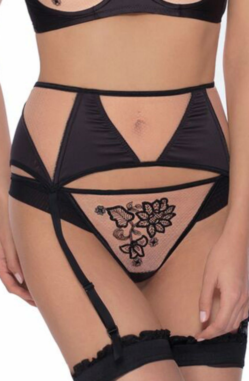Roza Mehendi black suspender belt with floral embroidery and mesh panels, shown with matching lingerie