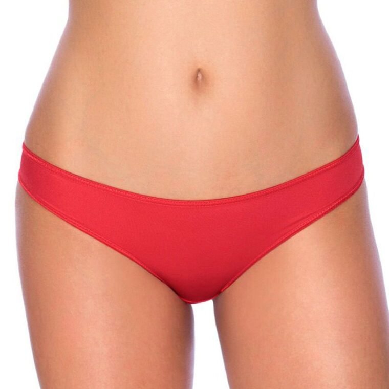 Roza Mimi red briefs with low-rise waistband, shown on model torso