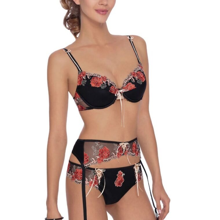 Roza black bra set with red floral embroidery, matching thong, garter belt, and stockings