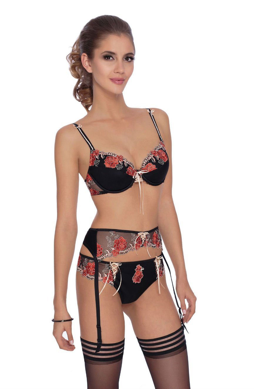 Roza black bra set with red floral embroidery, matching thong, garter belt, and stockings