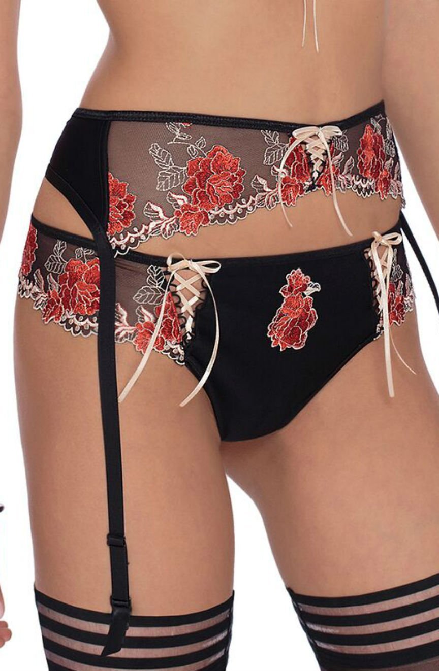black brief with red floral embroidery, lace-up details, and matching garter belt from Roza
