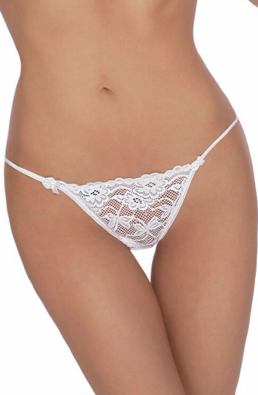 white lace briefs with floral pattern and thin side straps, available in multiple sizes