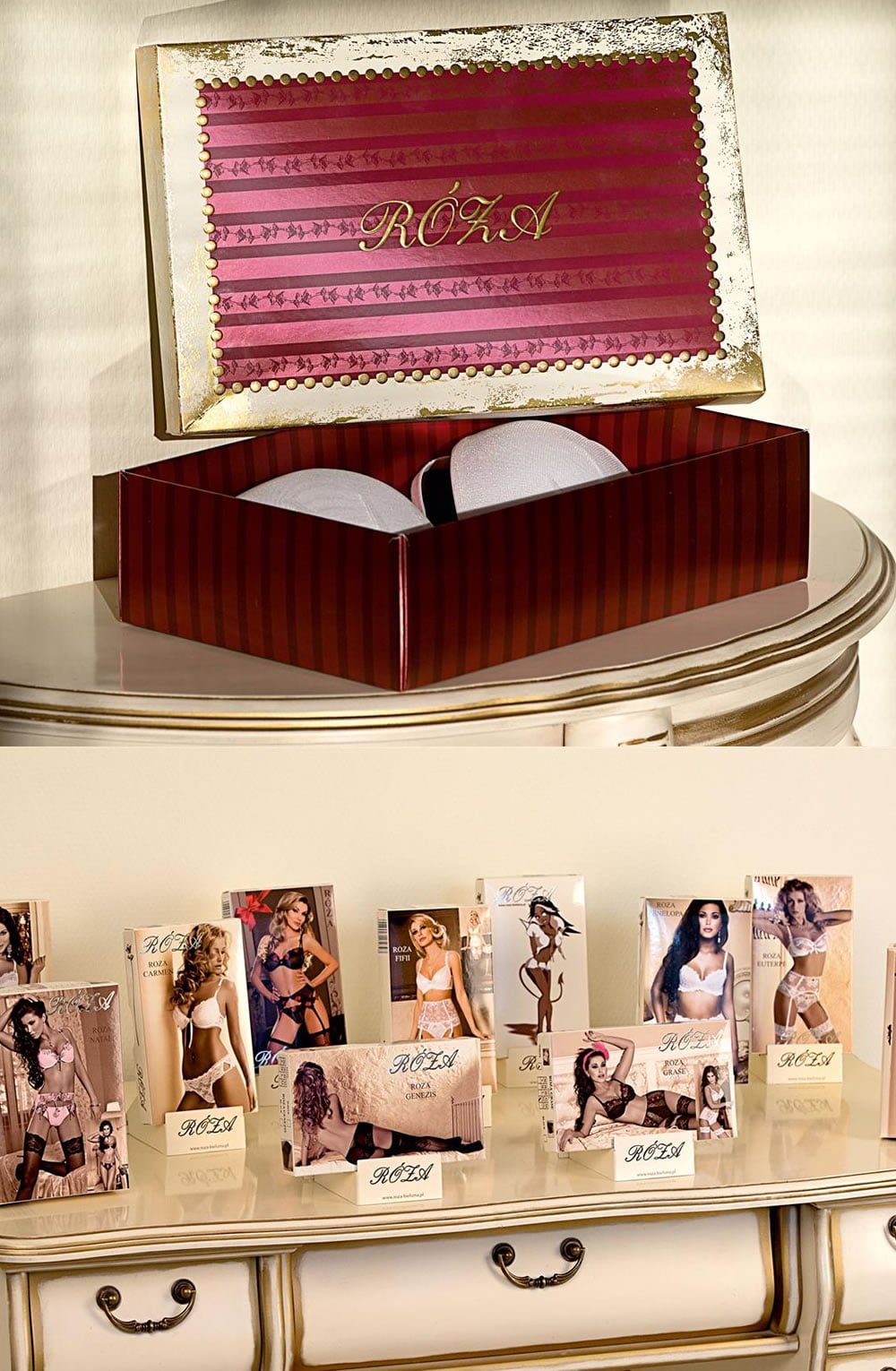 Roza branded gift box with gold trim and striped lid, open to reveal contents, displayed on elegant table