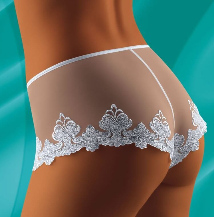 Wolbar Saha white sheer shorts with floral lace trim, shown from the back against teal background