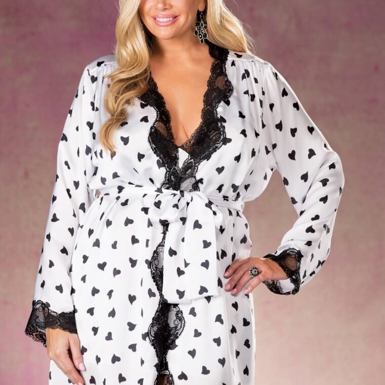 Shirley of Hollywood X25799 Heart Print & Lace Robe
