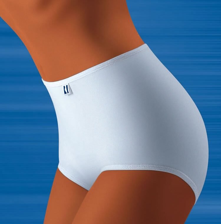 High-waisted white briefs on model against blue background, Wolbar brand, available in sizes Small to XLarge