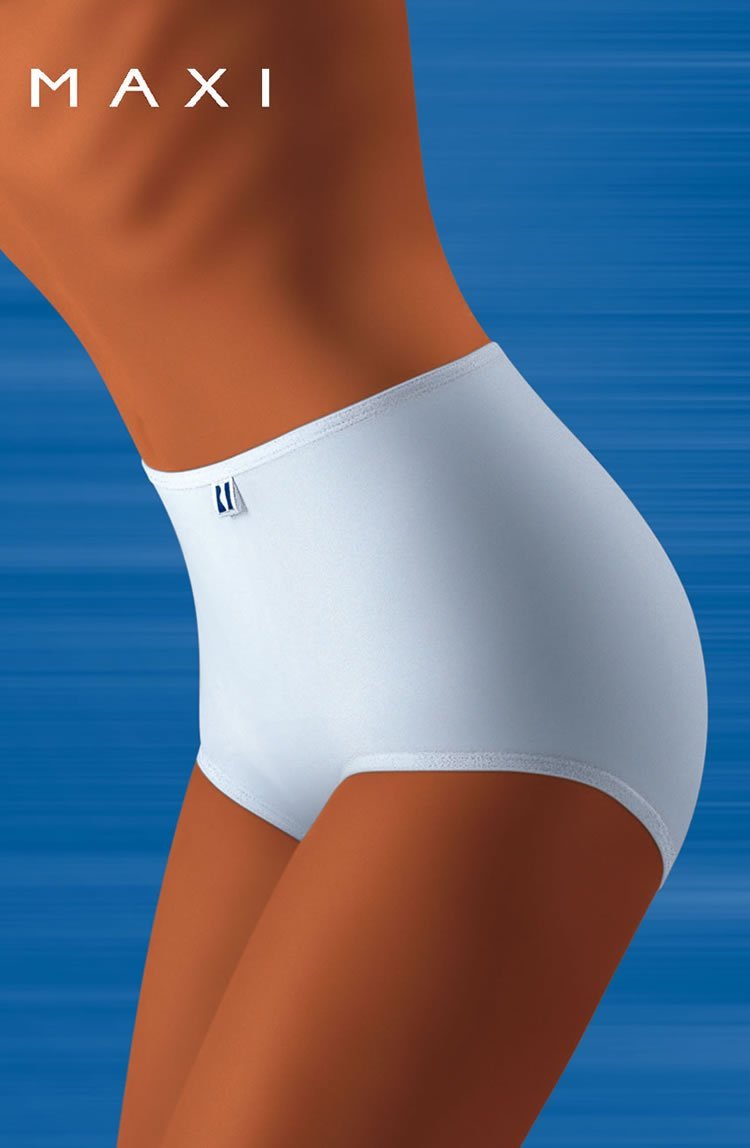 Wolbar Tahoo Maxi white high-waisted briefs with small front tag on blue background