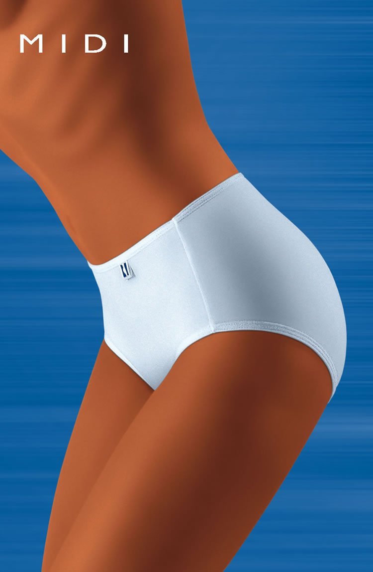 Wolbar midi briefs in white with high waist and small logo tag, shown against blue background