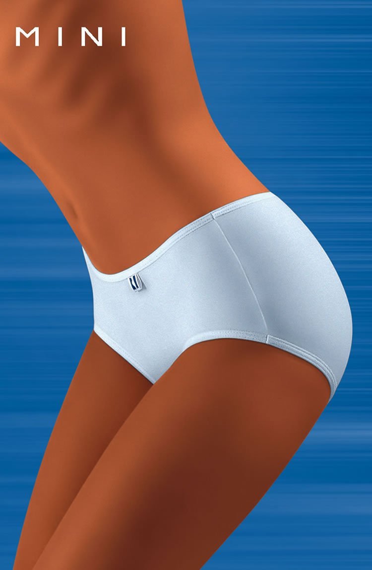 Wolbar Tahoo Mini white briefs with logo tag, mid-rise fit, shown against blue background