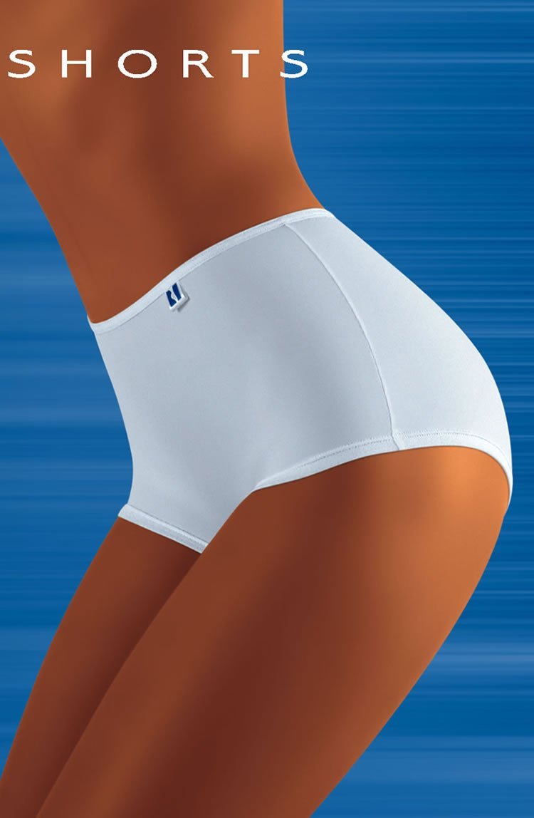 High-waisted white shorts with a small logo tag on the waistband, shown on a model against a blue background