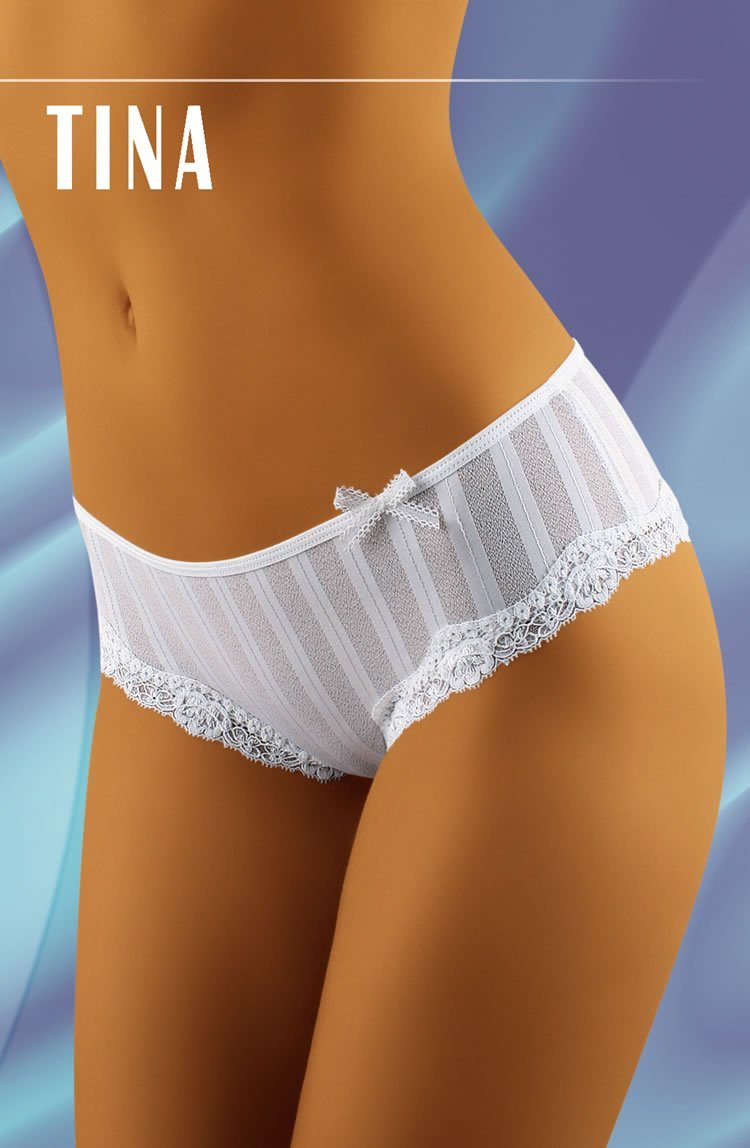 Wolbar Tina white lace-trimmed shorts with vertical stripes and bow detail, medium size