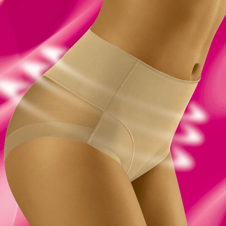 Wolbar Uniqa beige high-waisted briefs with mesh side panels on model against pink abstract background