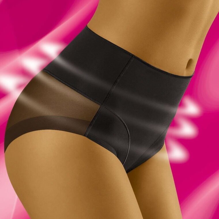 Wolbar Uniqa black high-waisted briefs with sheer side panels on model against pink background
