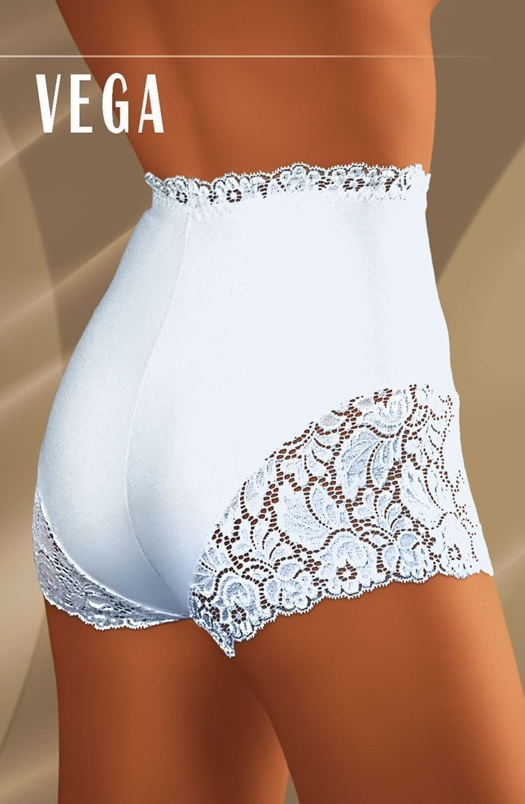 Wolbar Vega white high-waisted shorts with floral lace trim on legs and waistband, shown on model