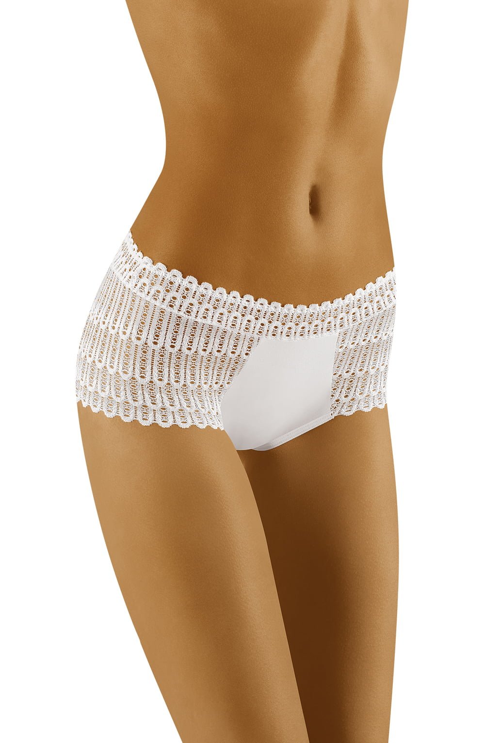 White lace brief with patterned waistband and side panels