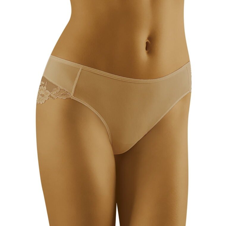 Beige brief with sheer side panels and floral lace detail on the hips