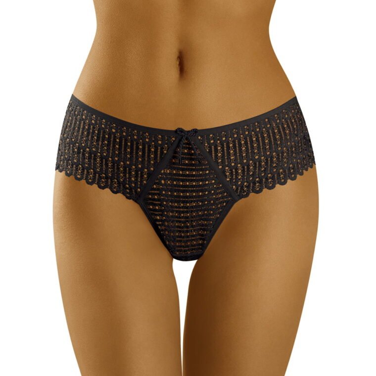 Black lace brief with scalloped edges and decorative bow at the front