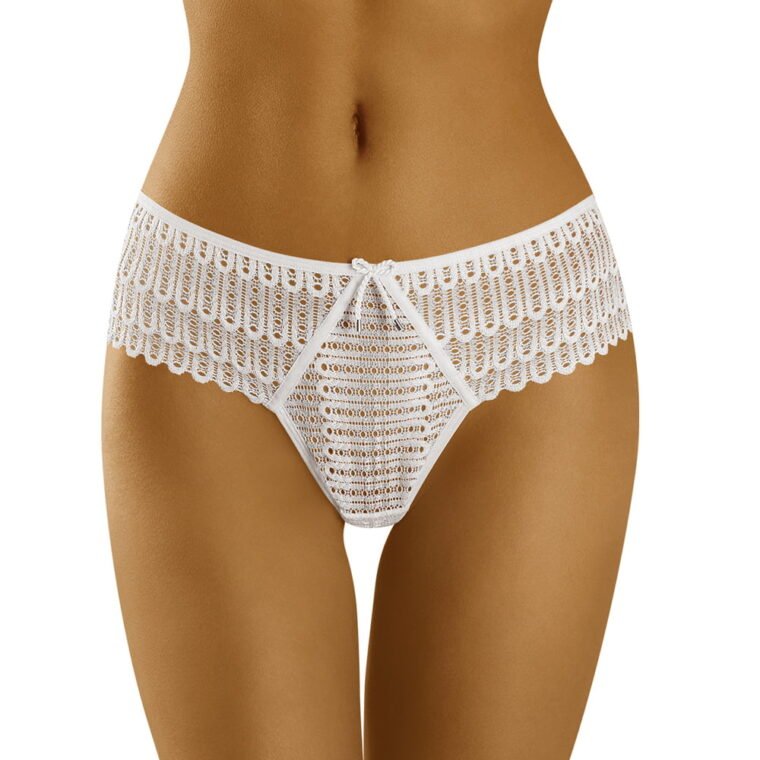 White lace brief with geometric pattern and small bow at the front waistband