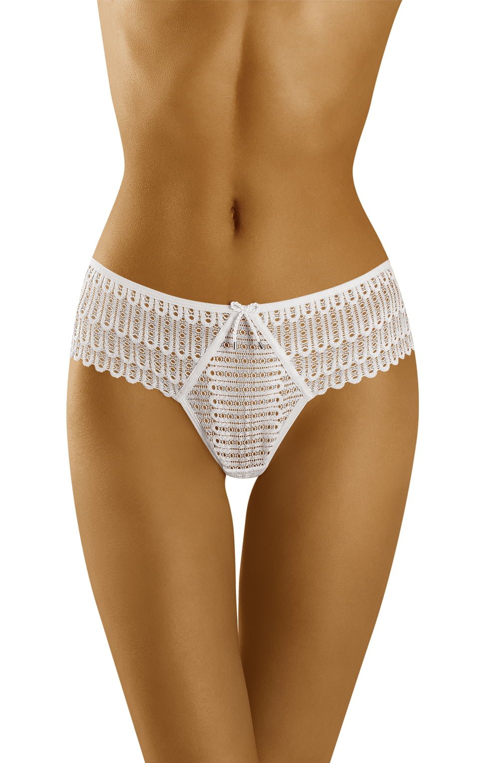 White lace brief with geometric pattern and small bow at the front waistband