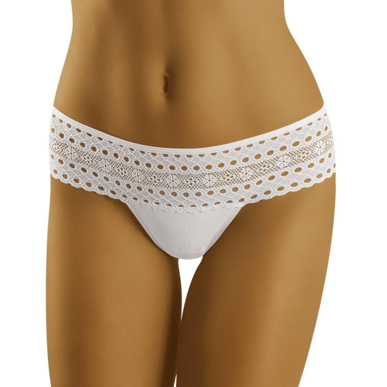 White thong with wide lace waistband and geometric pattern detail