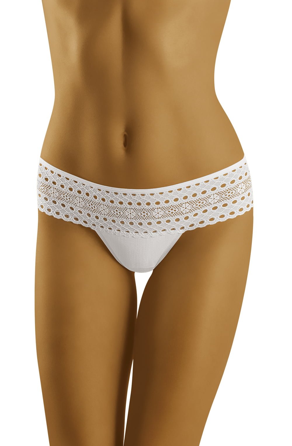 White thong with wide lace waistband and geometric pattern detail