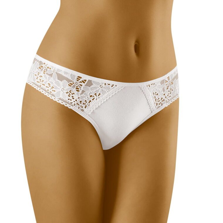 White brief with floral lace side panels and smooth front, shown on a model