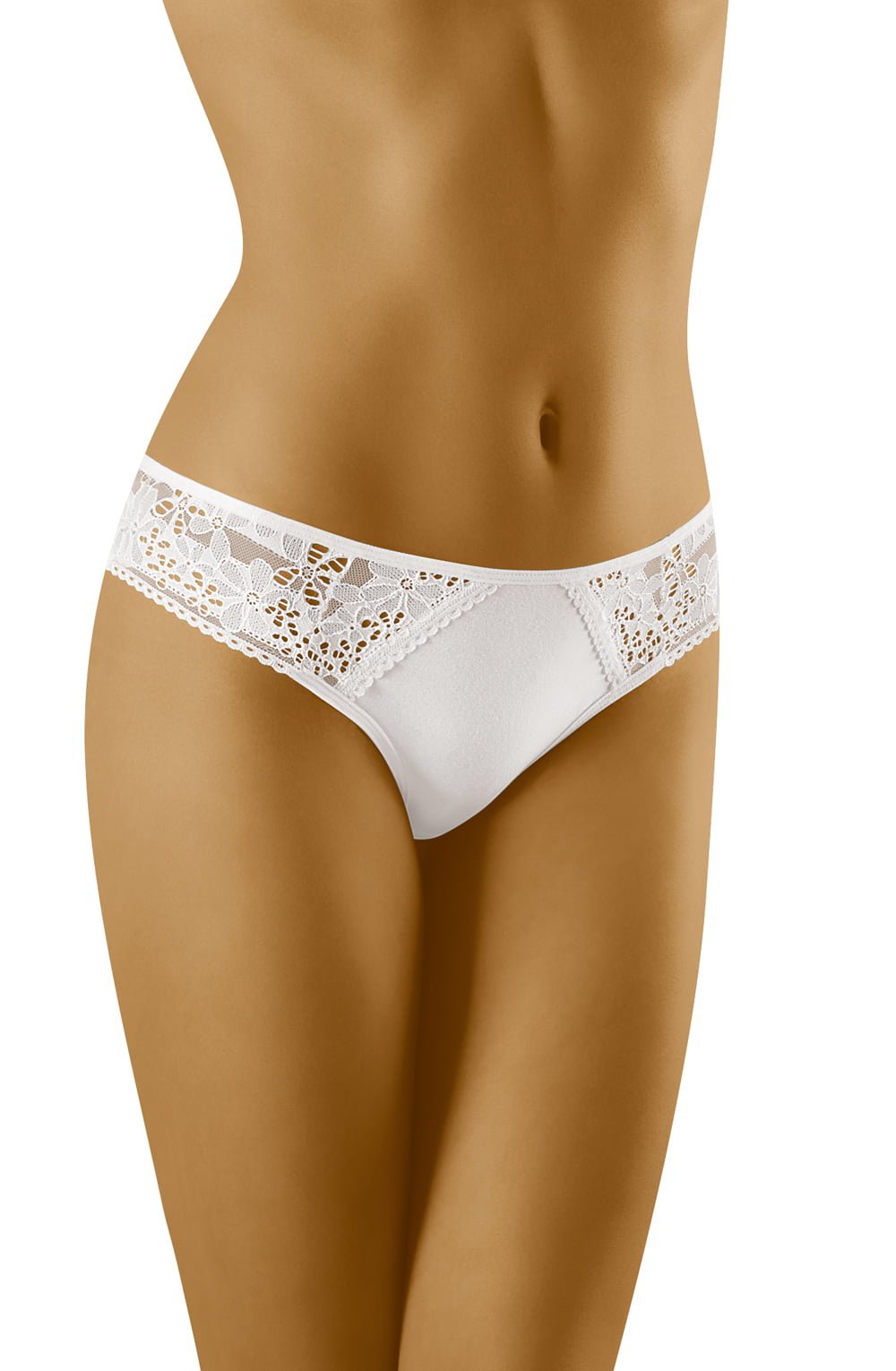 White brief with floral lace side panels and smooth front, shown on a model