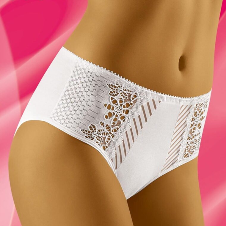 Wolbar white briefs with lace and mesh panel details, high waist design, shown against pink background
