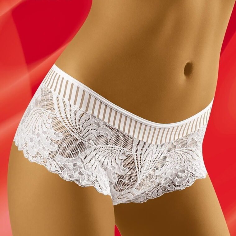 Wolbar Fibi white lace shorts with striped waistband, scalloped edges, shown against a red background