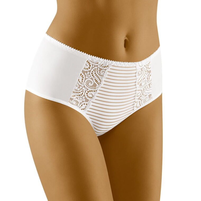 White high-waisted brief with sheer striped front panel and lace side detailing