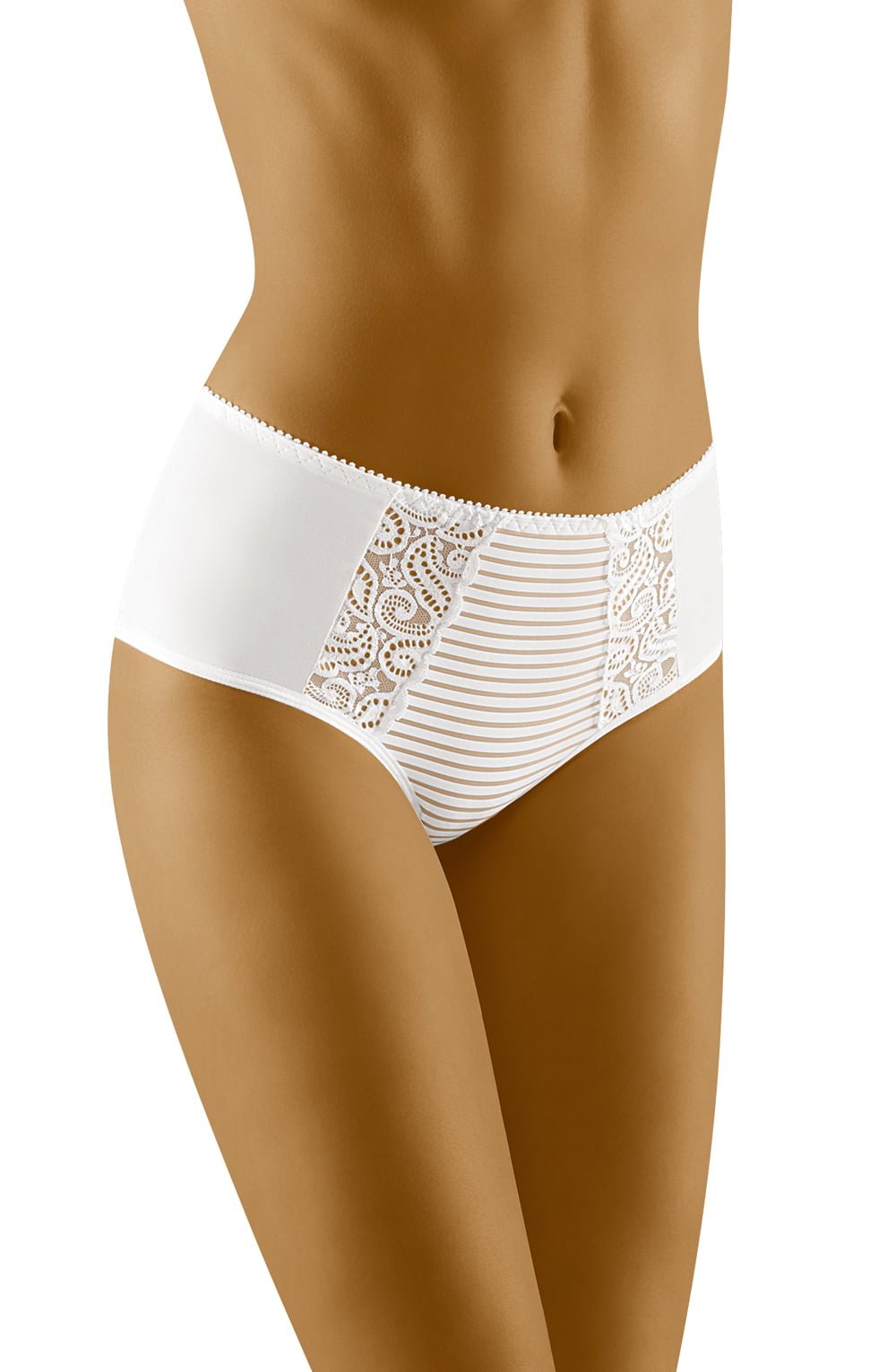 White high-waisted brief with sheer striped front panel and lace side detailing