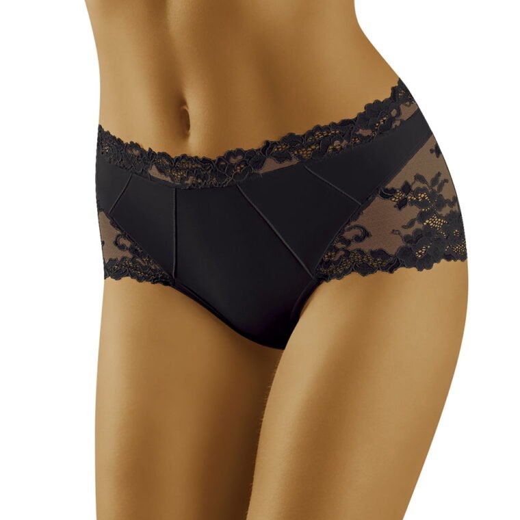 Black brief with sheer lace panels and floral detailing at the waistband and sides