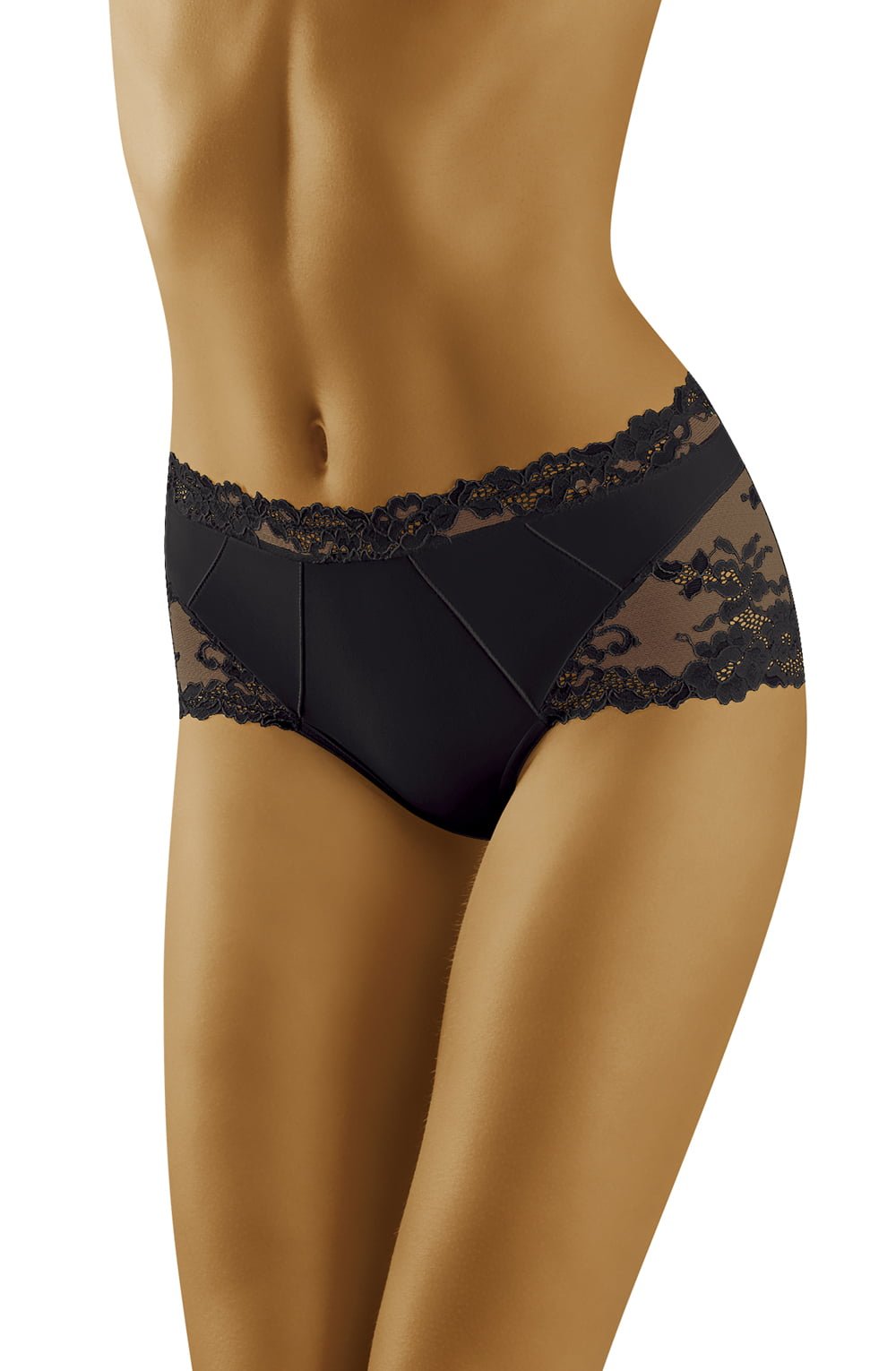 Black brief with sheer lace panels and floral detailing at the waistband and sides