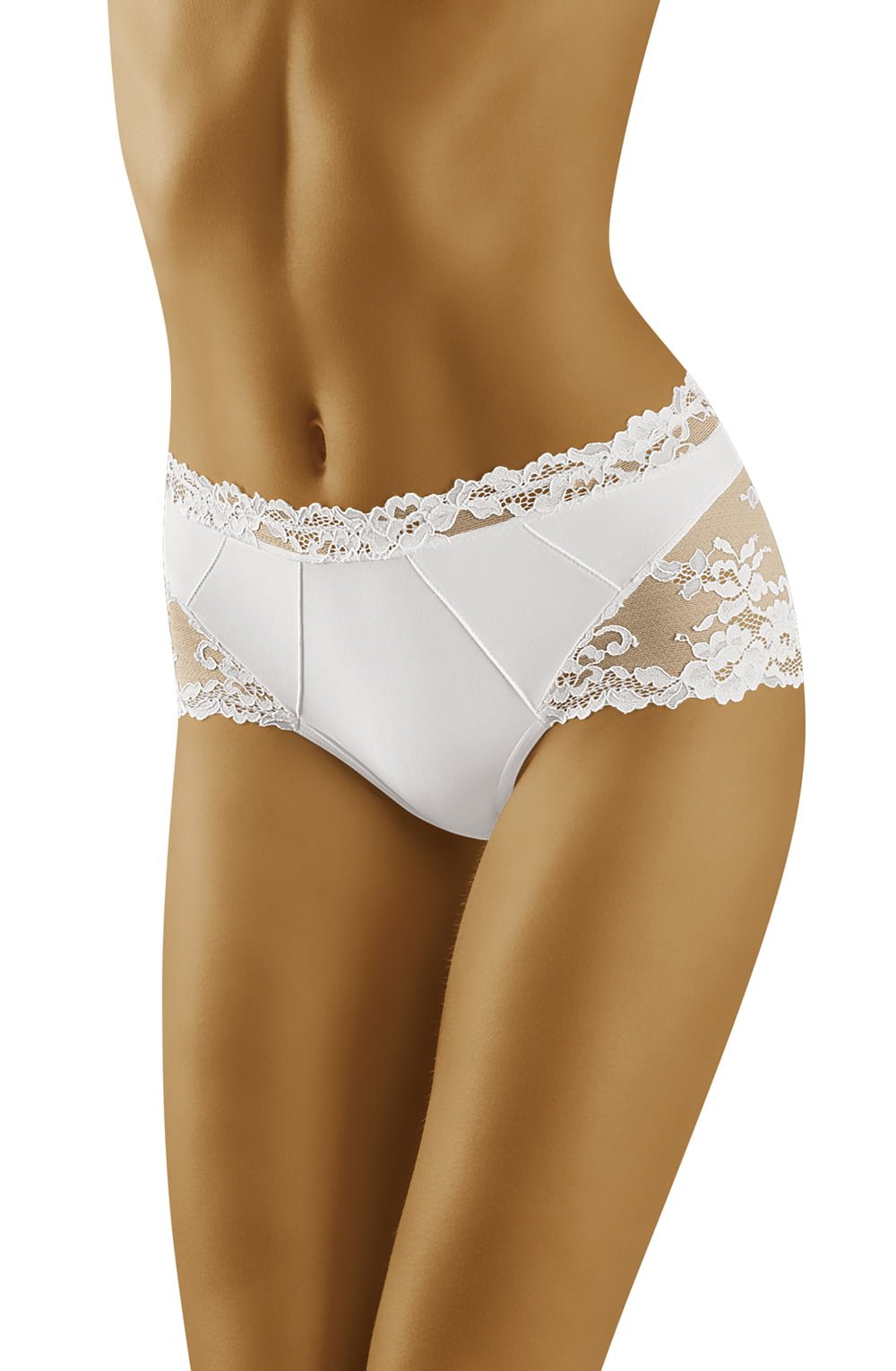 White brief with floral lace trim and semi-sheer lace side panels
