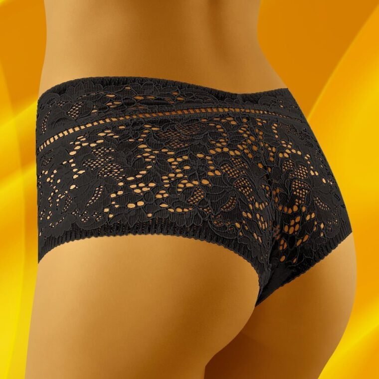 Wolbar Sari black lace shorts with floral pattern, shown from the back against a yellow background