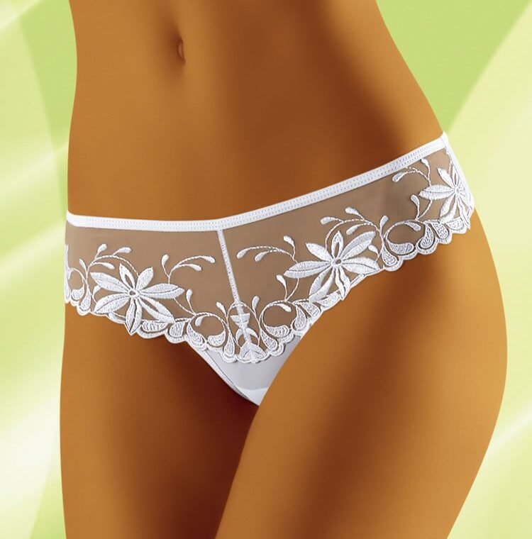 Wolbar Zorba thong with sheer white floral embroidery, low-rise fit, shown on model torso