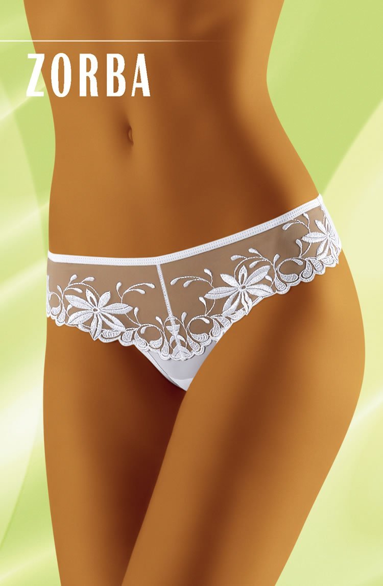 Wolbar Zorba thong with sheer white floral embroidery, low-rise fit, shown on model torso