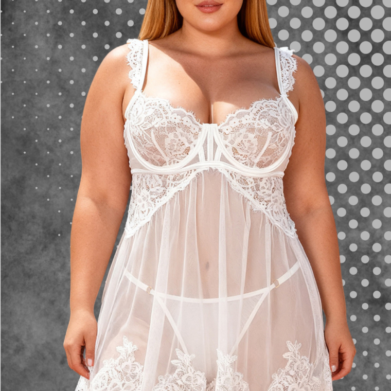 White lace sheer plus size babydoll with floral detailing and underwire cups